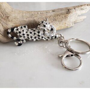 Vintage EFFY Rhinestone & Enamel Panther Silver Tone Key Chain/Purse Clip